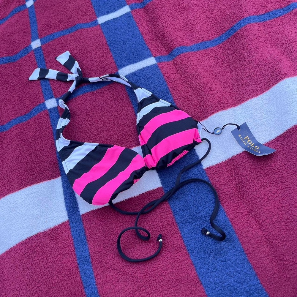 Ralph Lauren Pink and black striped bikini top NWT Women’s M medium